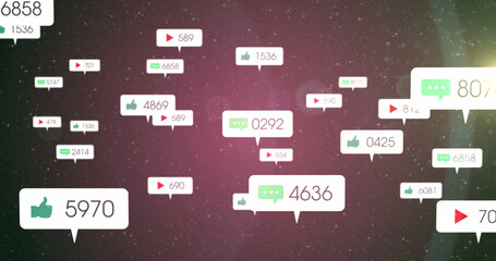 Naklejka premium Image of social media icons and numbers on white banners over stars on pink sky