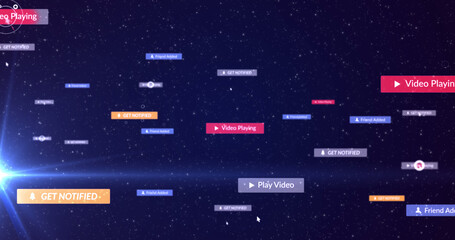 Image of cursors over social media icons and text on multi coloured banners on night sky