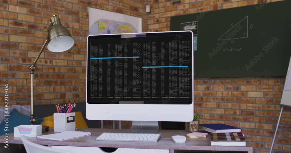 Poster computer screen with data processing standing on desk in office