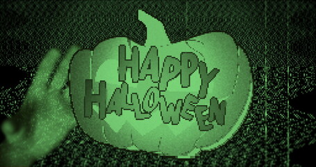Image of happy halloween and green pumpkin on black background