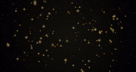 Fototapeta na wymiar Image of warm glowing yellow stars and orange spots on black background