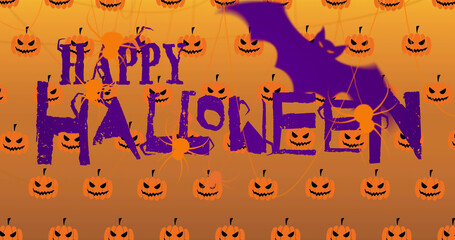 Image of happy halloween text over pumpkins