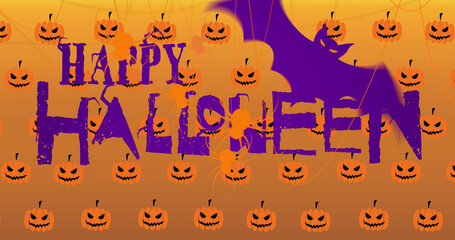 Image of happy halloween text over pumpkins