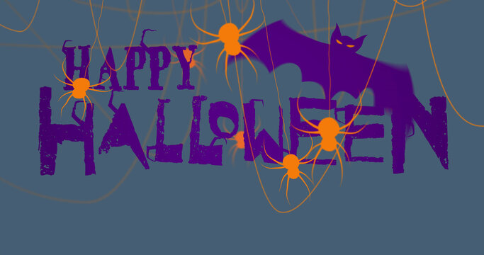 Image of happy halloween text over spiders and bat