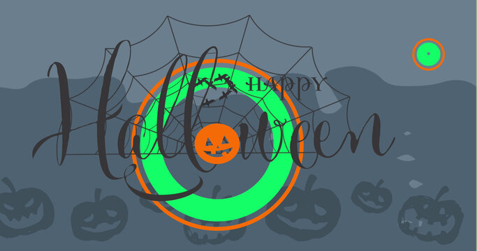 Image of happy halloween text over pumpkins