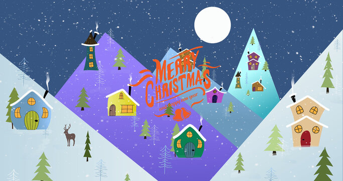 Image of merry christmas text over winter scenery