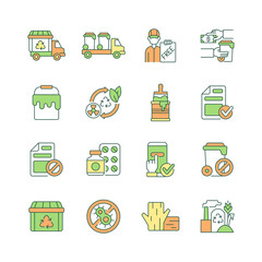 Waste management RGB color icons set. Garbage processing and disposal. Recycling of waste materials. Trash management service. Isolated vector illustrations. Simple filled line drawings collection