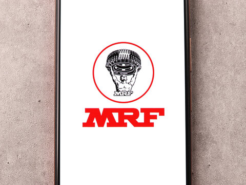 West Bangal, India - October 09, 2021 : MRF logo on phone screen stock image.