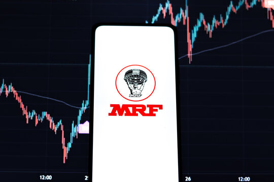 West Bangal, India - October 09, 2021 : MRF logo on phone screen stock image.
