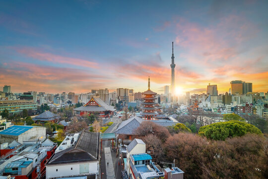 View of downtown Tokyo  city skyline cityscape at sunset