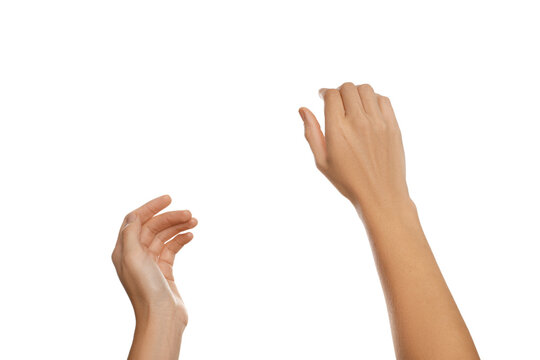 Woman Pretending To Hold Steering Wheel On White Background, Closeup