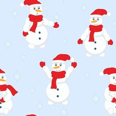Snowmen in hats and scarves seamless pattern. Winter snow characters, vector illustration. Template for wrapping gifts, wallpaper and fabric.