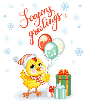 Christmas card with cute chicken and lettering