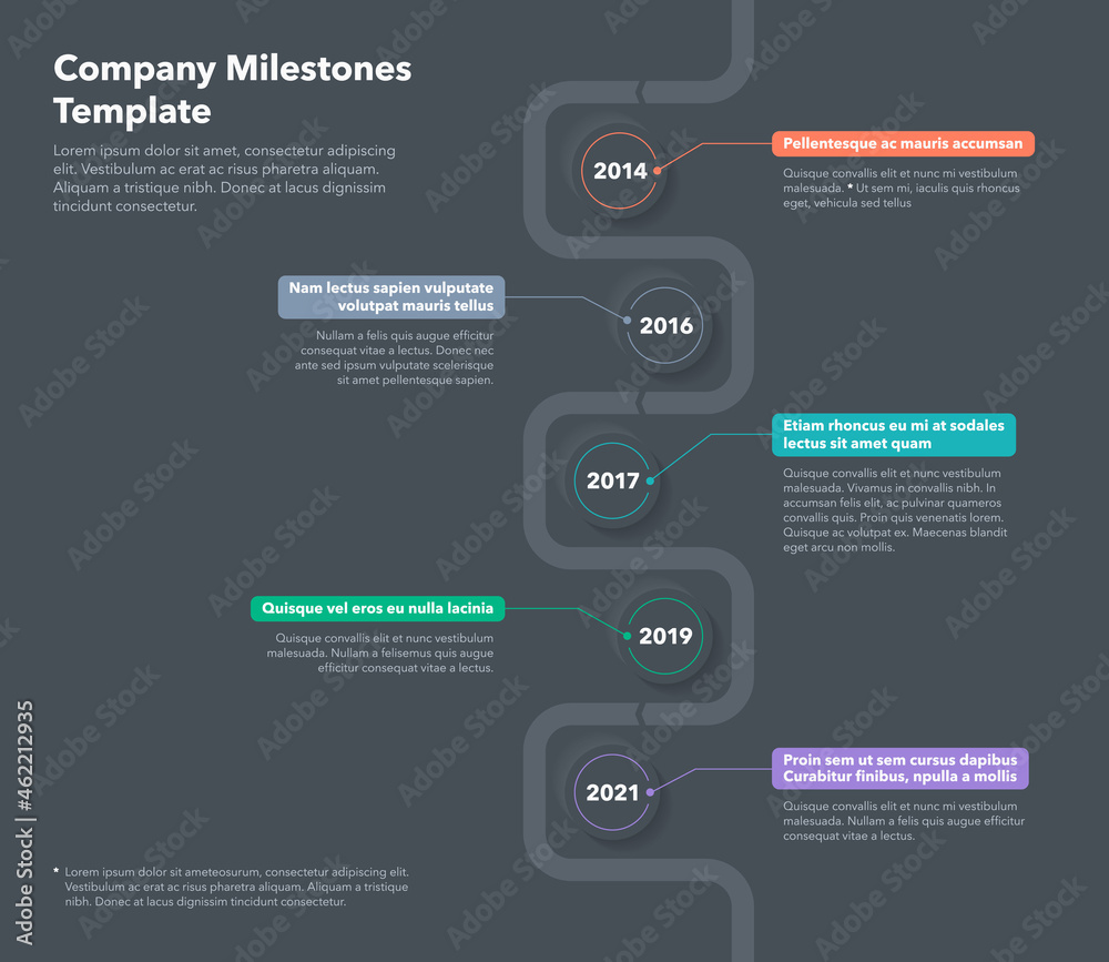 Poster modern company milestones timeline template with five steps - dark version. easy to use for your web