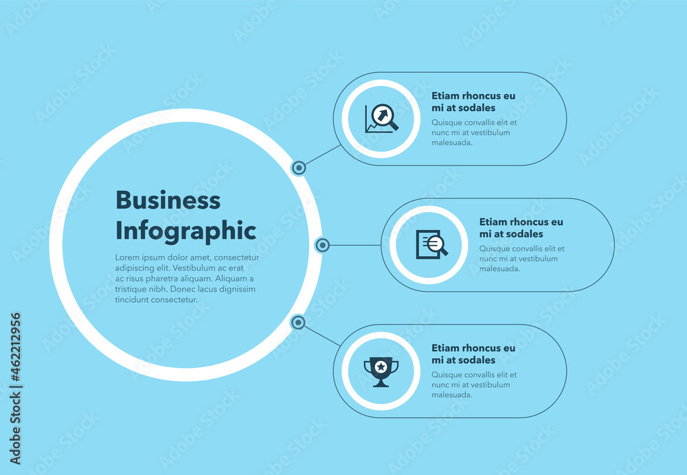 Poster Simple concept for business diagram with three steps and place for your description - blue version. Flat infographic design template for website or presentation.