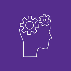 Brainstorm and thinking line icon concept. Human head with working gears inside outline stroke element. Psychologist counseling. Editable stroke vector illustration