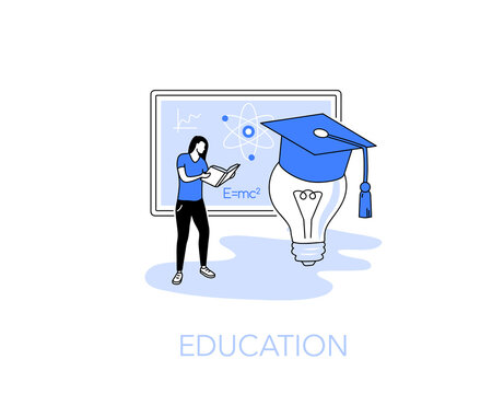 Illustration of an education symbol with a girl improving her knowledge skills. Easy to use for your website or presentation.
