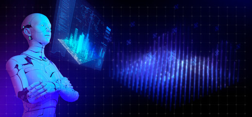 Artificial intelligence 3D robot in futuristic cyber space metaverse background, digital world smart city technology