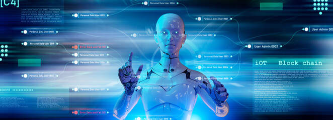 Fototapeta Artificial intelligence 3D robot programming computer interface in futuristic cyber space metaverse background, digital world technology obraz