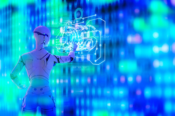 Artificial intelligence 3D robot in futuristic cyber space metaverse background, digital world technology