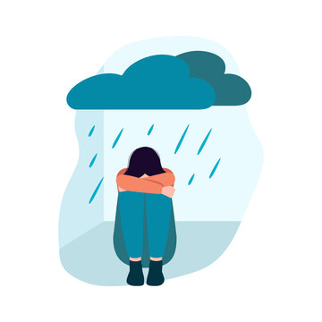 Depressed girl sit on the floor with cloud and rain above. Psychological issues. Mental illness and problem. Anxiety, depression, mood disorder, melancholia. Vector isolated flat illustration