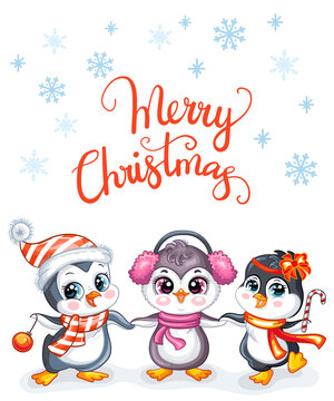 Christmas card with cute penguins and lettering