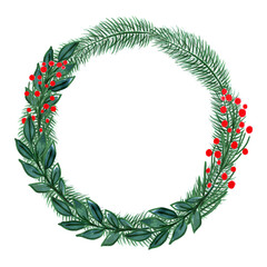 Christmas greenery wreath, Winter decor. Watercolor hand painted illustration, isolated