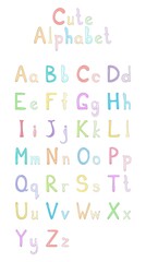 Cute hand-drawn english alphabet (font) in colour for composing words. Capital and lowercase letters. Pastel colors. Letters are sized, each letter in a separate group. Vector illustration