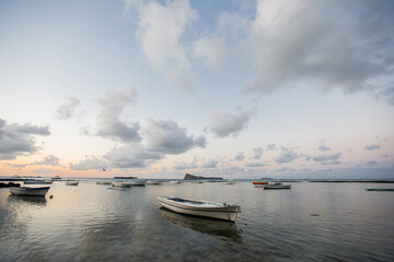 Naklejka premium A lot of boats at sunset. Mauritius island