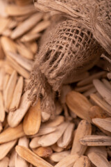 White sunflower seeds scattered on the background of coarse burlap, close-up selective focus.