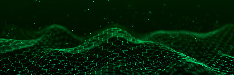 Futuristic green hexagon dynamic wave. Futuristic honeycomb concept. Digital technology webflow. Big data visualization. 3D rendering.
