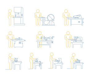 Pictograms lineIcon collection of electric machine tools  for wood. Machines used in production in various types of industry.