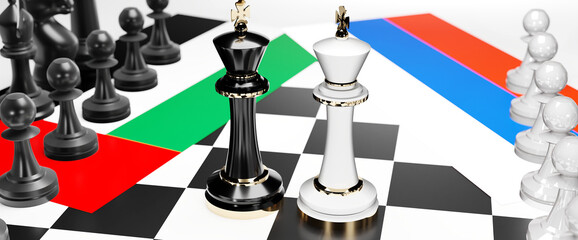 United Arab Emirates and Russia conflict, clash, crisis and debate between those two countries that aims at a trade deal and dominance symbolized by a chess game with national flags, 3d illustration