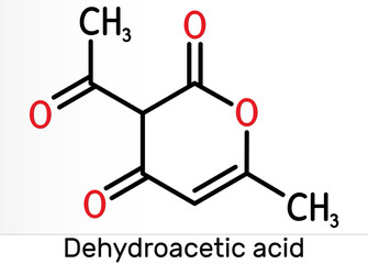 Dehydroacetic acid molecule. It is ketone, fungicide, antibacterial agent, plasticizer, E265. Skeletal chemical formula.