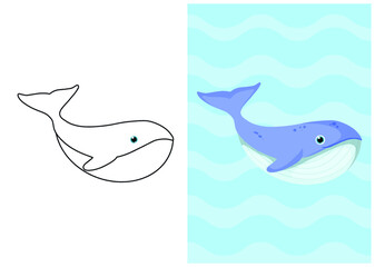 Children's coloring illustration with whale 