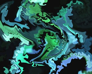 Abstract black green and blue wavy psychedelic background 