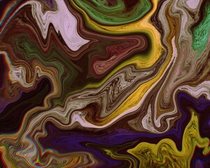 Abstract blue and yellow wavy fluid art background with chromatic aberration 