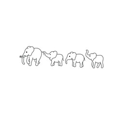 Vector isolated four elephants family contour line drawing. Colorless black and white mother father elephant and baby elephants graphic sketch.  © MariMuz