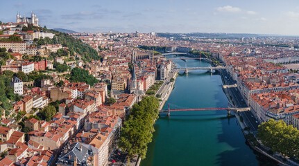 Lyon, France panoramic view in summer, aerial cityscape - obrazy, fototapety, plakaty