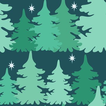 Seamless pattern with fir forest vector illustration. Background with pine or fir trees at night. Dark forest template for packaging, fabric and wallpaper. © Татьяна Клименкова