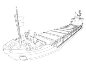 Contour of a cargo ship for containers from black lines isolated on a white background. Perspective view. Vector illustration