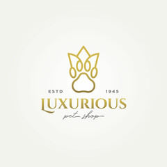 luxurious pet shop minimalist line art logo, paw with golden crown simple modern icon logo vector illustration design