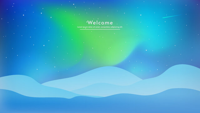 Blue view aurora and mountains. Bright lights, comets and stars in the sky. Vector illustration. Vector panoramic. Color lights at night landscape. 