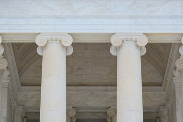Detail close up view Jefferson Memorial landmark hall, presidential memorial site in Washington,...