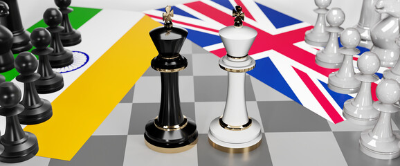 India and UK England conflict, clash, crisis and debate between those two countries that aims at a trade deal and dominance symbolized by a chess game with national flags, 3d illustration