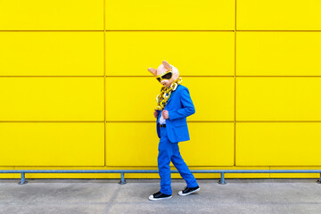 Man wearing vibrant blue suit, pig mask and large golden chain posing against yellow wall