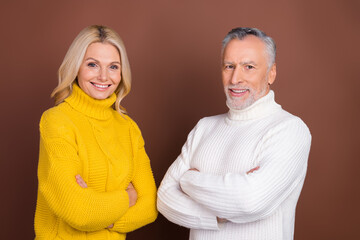 Portrait of two attractive content cheery grey-haired people folded arms warm pullover isolated over brown color background