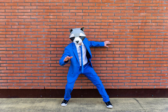 Man wearing vibrant blue suit and raccoon mask posing in front of brick wall