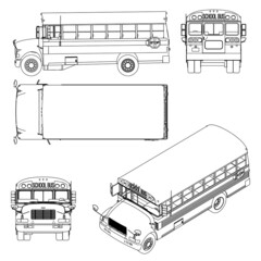 Set with the contours of the school bus from black lines Isolated on white background. Side view, top, front, back, isometric. Vector illustration © German Ovchinnikov