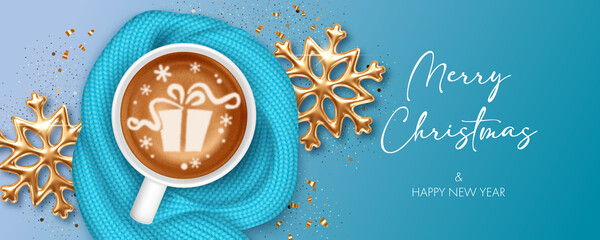 Coffee cup with warm knitted scarf and gold snowflakes. Background for greeting card, invitation or advertise